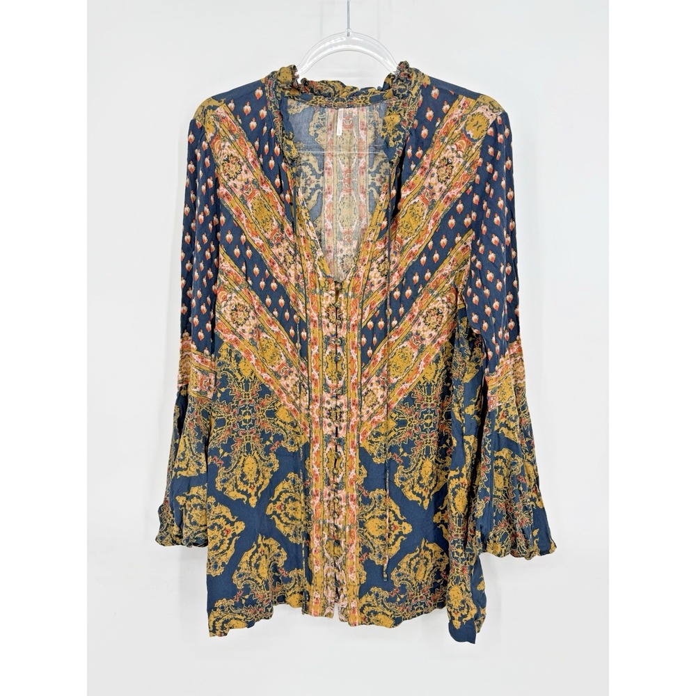 Free‎ People Magic Mystery Printed Bell Sleeve Tunic Blouse Size S Boho Hippie